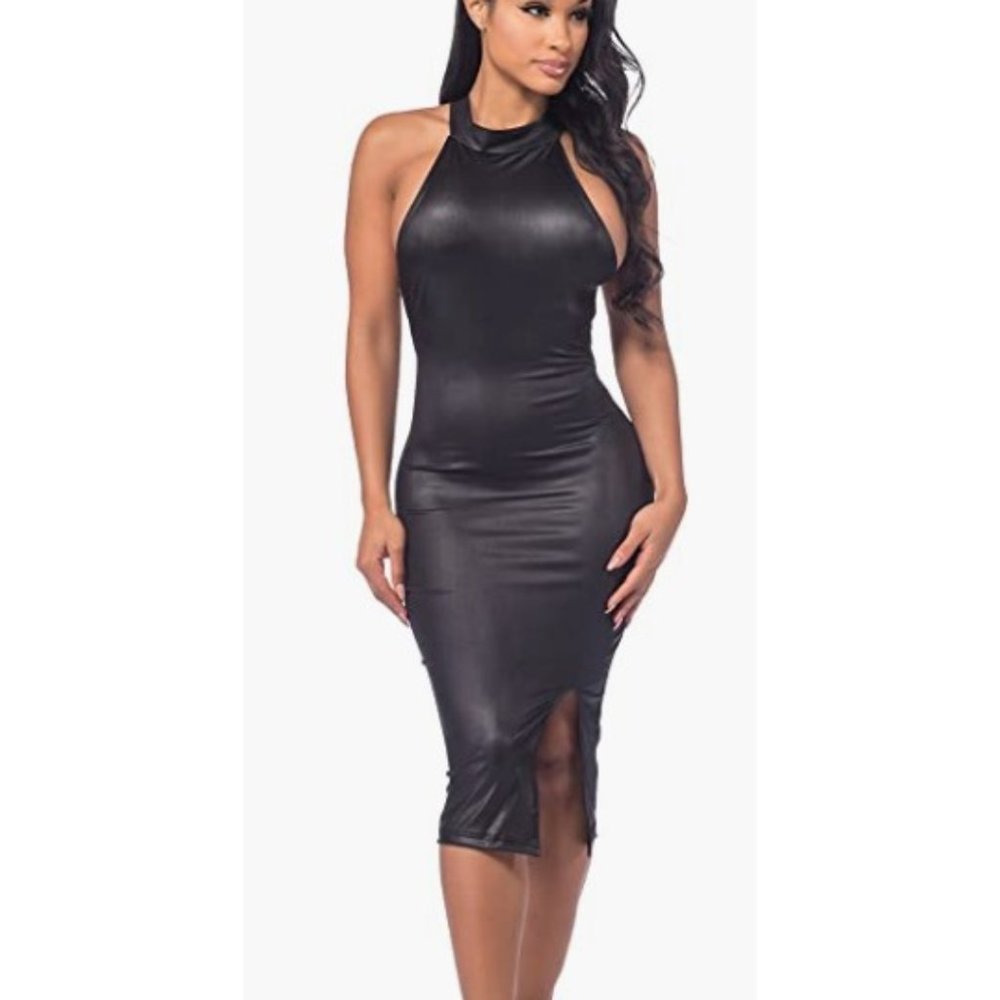Vegan Leather Midi Party Dress